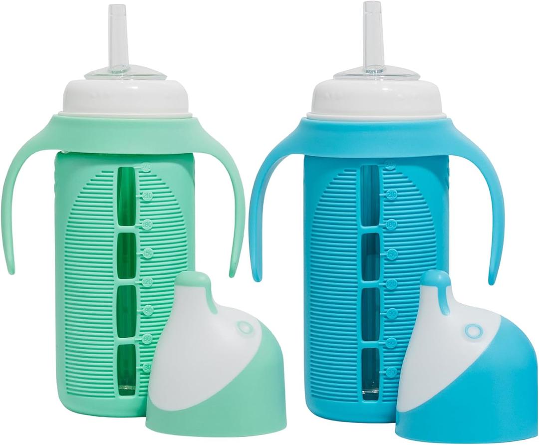 Tabor Place Set of 2 - Glass Sippy Cup for Toddlers - The Luca | Spill-Proof | Silicone Straw | Mint Green & Indigo Purple | 8 oz | Liquids Never Touch Plastic | Removable Handles (blue/green)