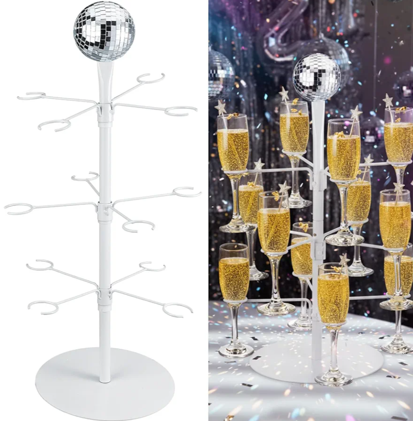 Therwen Cocktail Tree Stand for Drinks, 3 Tier Disco Ball Metal Drinks Stand for Disco DJ 70s Retro Dance Party 12 Holders Champagne Martini Margarita Glass Holder for Holiday Party Decor