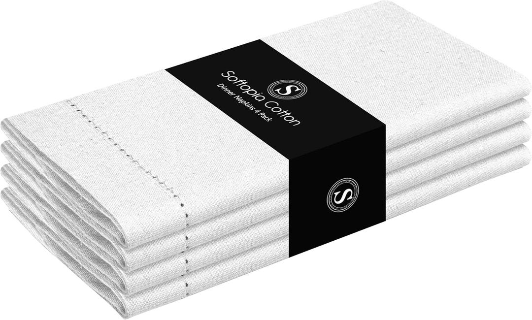 White Cloth Dinner Napkins, 18”X18”, Set of 4 Decorative Hemstitch Napkin, Washable & Reusable Dining Napkins for Holiday, Thanksgiving, Wedding, Formal Events, Baby Shower, Christmas