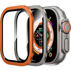 WSKEN for Apple Watch Ultra 3/Ultra 2/Ultra Screen Protector 49mm,9H Tempered Glass + Titanium Alloy Frame, [Keep Original] [Touch Sensitive] Lightweight Protective Glass Film, Orange + Original