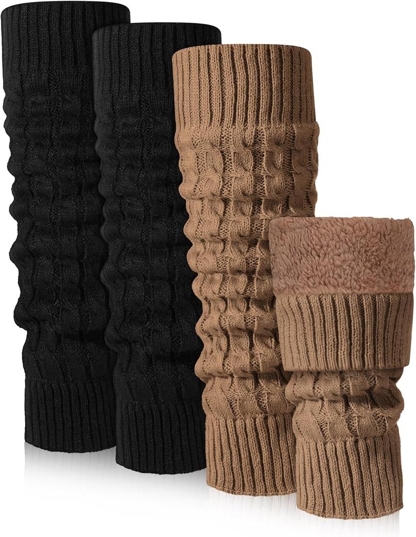 Shihanee 2 Pairs Winter Fleece Lined Leg Warmers for Women Warm Long Boot Socks Knit Thick Calf Warmers for Skating Walking(Black, Dark Khaki, Cable Knit)