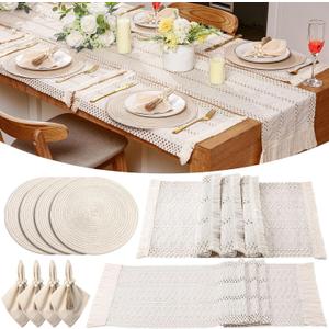 4 Sets Boho Place Mats Set Round Woven Placemats, Cloth Napkins, Wood Bead Napkin Rings, White Table Runner with Tassel and Farmhouse Rustic Placemats Cotton Burlap for Kitchen Table Decor