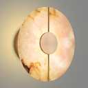White Alabaster Wall Sconce Brass Natural Marble Wall Sconce Vintage Gold Round Store Modern LED Wall Light Fixture Mid Century Wall Mounted Lamp for Bedroom Hallway Living Room Bathroom
