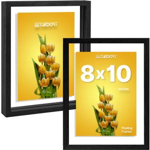 8x10 Floating Picture Frames Set of 2  Solid Wood Frame with Tempered Double Glass, Wall Mount Photo Frames for Vertical & Horizontal Display, Modern Hanging Wall Decor (Black)