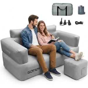 Inflatable Couch Loveseat with Footstool, Camping Couch with Detachable Built-in Pump, Inflatable Sofa with Breathable, Puncture-Resistant Fabric Texture Cover, Camping, Beach, Backyard Party