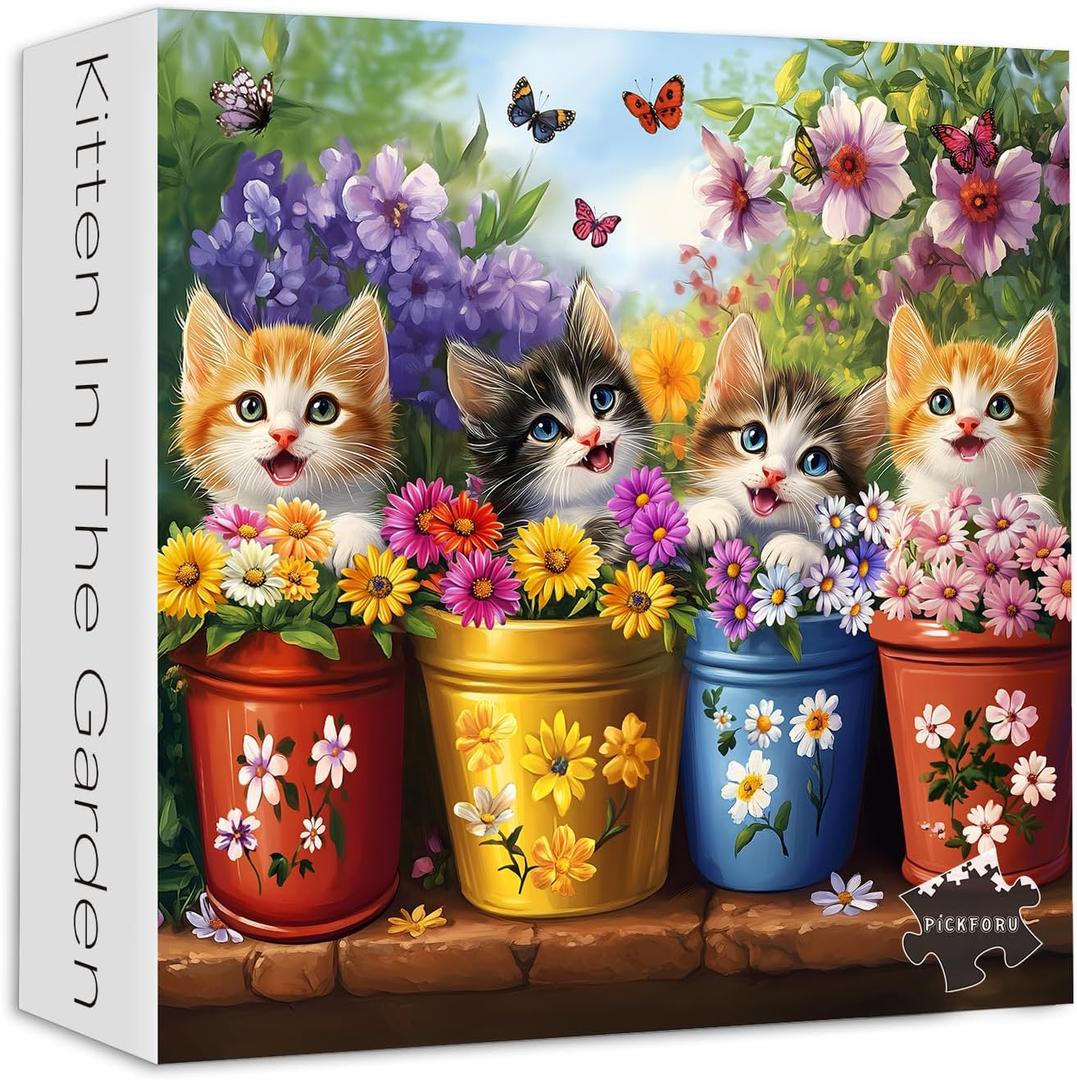 PICKFORU Cat Puzzles for Adults 1000 Pieces, Colorful Animals Jigsaw Puzzles Kitten Butterfly, Difficult Flower Plant Puzzle as Home Decor