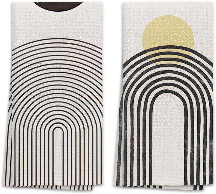 OHSUL Boho-Chic Sun Moon Line Rainbow Kitchen Towels Dish Towels Dish Cloth Set of 2,Bohemian Mid Century Modern Hand Towel Tea Towels for Bathroom Kitchen Decor(Yellow), 412JW