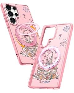 Uppuppy for Samsung Galaxy S25 Ultra Case with 360° Rotatable Magnetic Ring - Compatible with MagSafe, Semi-Transparent Soft-Touch Material Shockproof, Cute Pink Castle Design for Women Girl