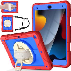 LTROP Case for iPad 9th/8th/7th Generation 10.2 Inch (2021/2020/2019) [Shoulder Strap][Pencil Holder][Swivel Stand], Protective Cover for iPad 9/8/7 Gen 10.2, Blue and Red