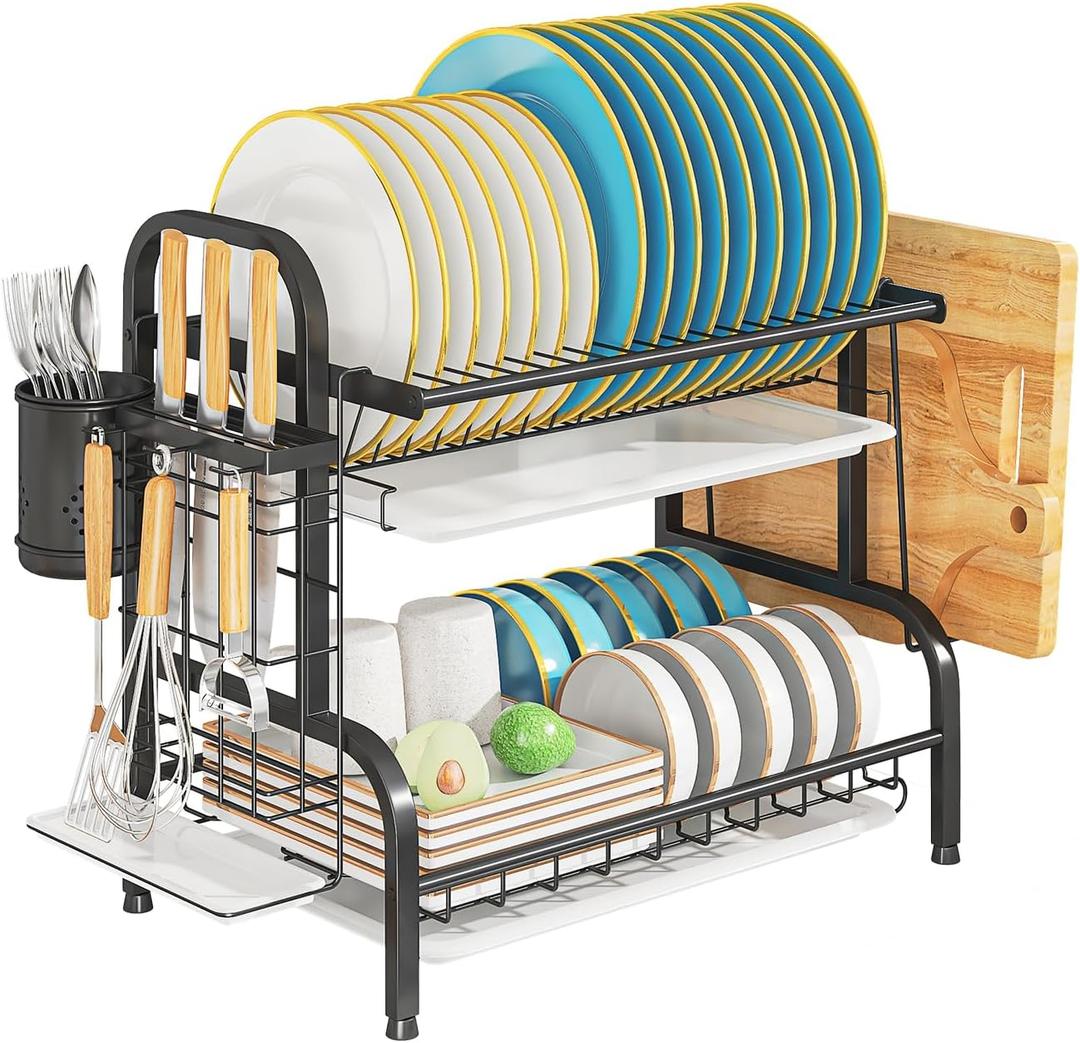 2-Tier Stainless Steel Dish Drying Rack, Space-Saving Kitchen Organizer for in/Over Sink/Counter, with Removable Drain Tray & Cutlery Holder & Utensil Holder, Black