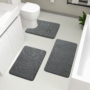 YIHOUSE Bathroom Rugs Mat Set 3 Piece Dark Grey, Memory Foam Bath Mats Sets, Non Slip Water Absorbent Washable Bath Rugs for Sink, Toilet and Floor