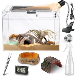 HELIME Reptile Polycarbonate Terrarium Kit 7 Piece Starter Habitat for Tarantula,Lizards,Frogs,Geckos,or Hermit Crabs,Tank with Escape-Proof Locking Lid,Light,Hygrometer,Hide,Tweezer,Bowl,Sprayer