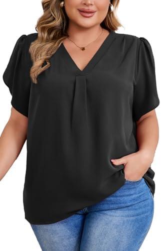 Women's Plus Size Casual Blouses Solid Business Work Tops Petal Short Sleeve V Neck Loose Fit T Shirt Summer Trendy 2025 3XL