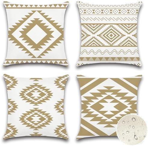 OTOSTAR Outdoor Waterproof Throw Pillow Covers 20x20 Inch Set of 4 Boho Farmhouse Outdoor Cushion Covers for Patio Furniture Garden（Geometry80-Khaki）Pack of 2