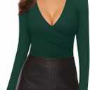 MANGOPOP Women's Cross Wrap Ruched Plunge Sexy Deep V Neck Slim Fit Long Sleeve Fleece Lined T Shirt Tunic Tops Tee (Green, M)