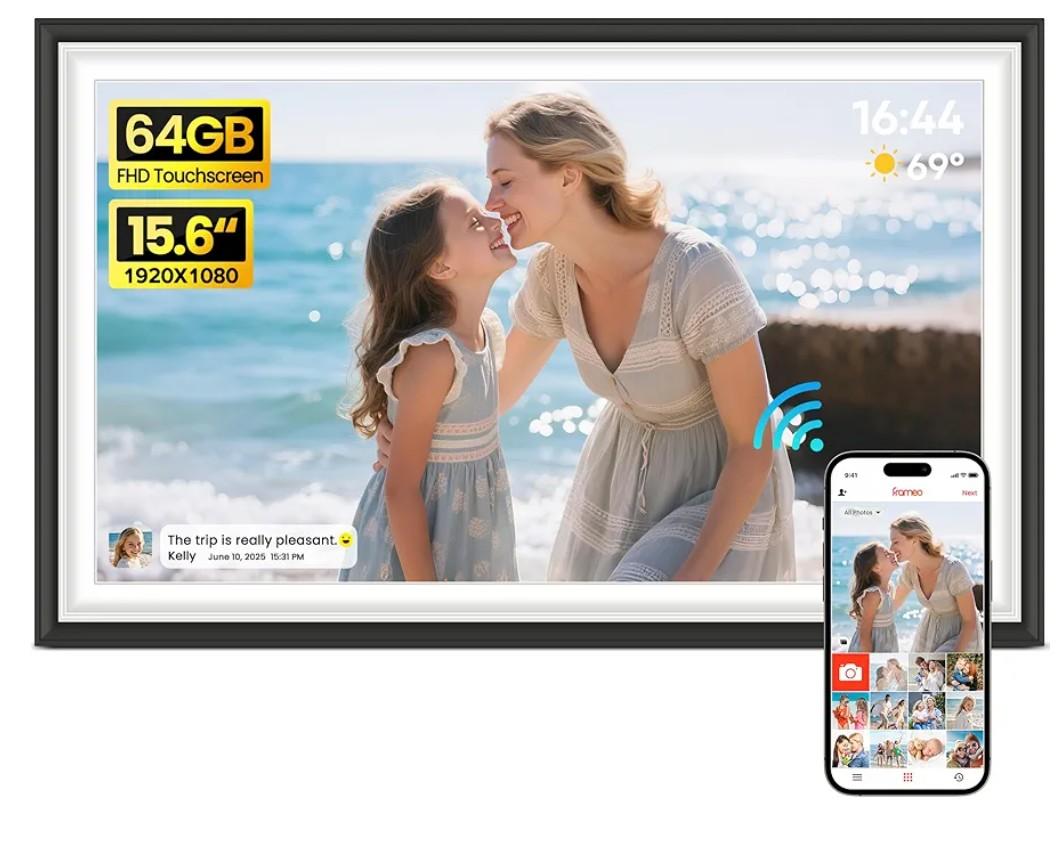BIGASUO Digital Picture Frame Frameo 15.6" WiFi Electronic Photo Frames Large with 64GB Memory 1920x1080 IPS FHD Touch Screen Share Moments Instantly Anywhere Photo Gifts for Parents and Grandparents