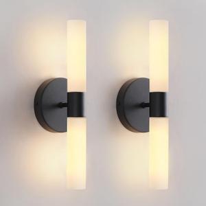 KUZZULL Wall Sconces Set of Two Matte Black Bathroom Wall Sconce Light Set of 2 Modern Wall Light Fixtures Metal Sconces Wall Lighting with White Glass Shade Wall Mounted Lamp for Living Room