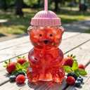 Glass Bear Cup,Bear Cup with Straw, 500ml Reusable Bear Glass Tumbler with Lid for Iced Coffee, Milk Tea, and Cocktails, Dishwasher Safe(Pink), 16.9 Ounces