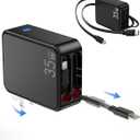 Retractable Wall Charger with Retractable Type-C and Lightening Cables, 35W PD Fast Portable Charger USB-C Block Adapter with Foldable Plug for iPhone 16/ 15, Galaxy, Pixel, iPad and Multiple Devices