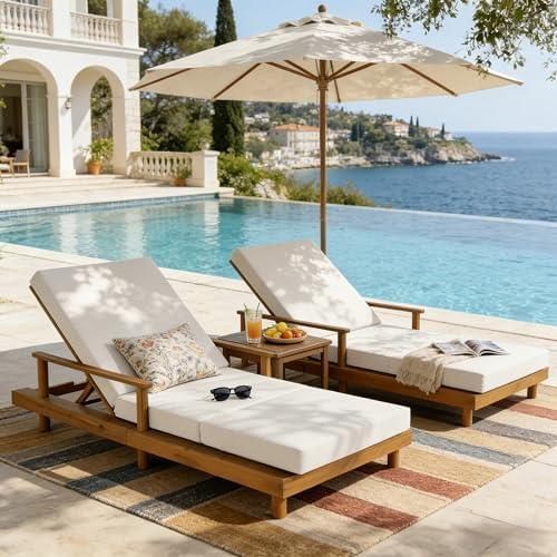 Merax Acacia Wood Outdoor Chaise Lounge Chair, 3-Position Adjustable Backrest & 4\" Thick 3-Fold Removable Cushion, 76.8\" L Modern Patio Sun Lounger for Garden Pool Beach Yard, Cream+Teak