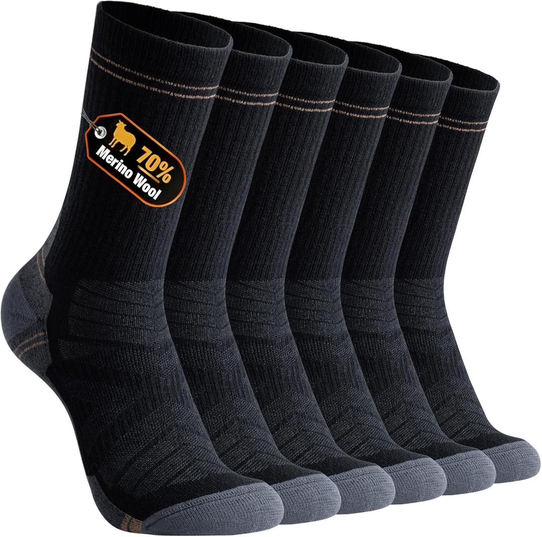 BISOUSOX Mens Merino Wool Socks 70% Wool, Lightweight Cushion Crew Dress Socks, Breathable Sock for Boot, Light Hiking (Black, L)