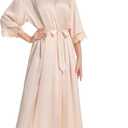Women's Lace Trim Long Satin Kimono Bridal Robes for Bride and Bridesmaid - Wedding Gifts (Beige)