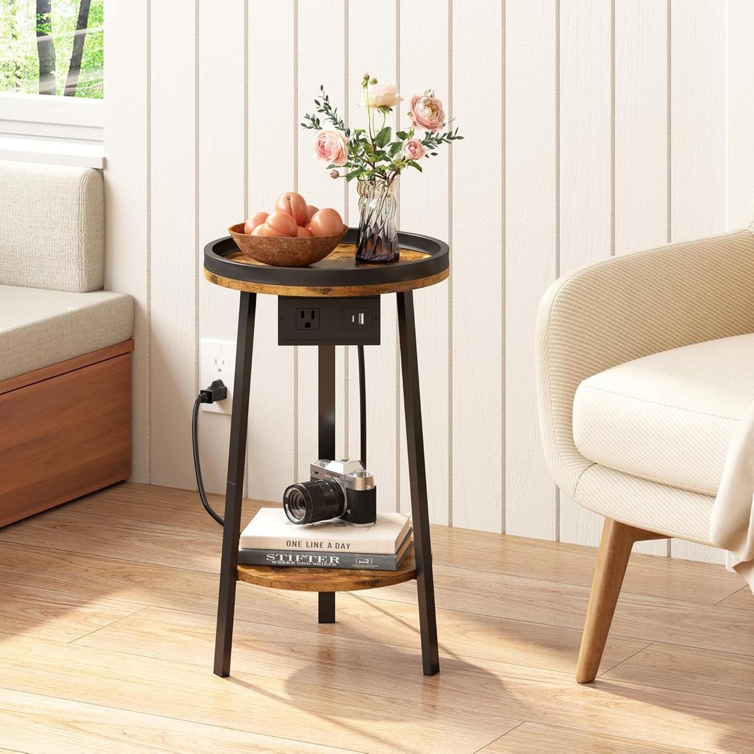 Industrial Round End Table with Charging Station,2-Tier Side Table with AC Outlet & USB Port, Sofa Side Table with Storage Shelf for Small Spaces, Living Room, Bedroom, Rustic Brown & Black
