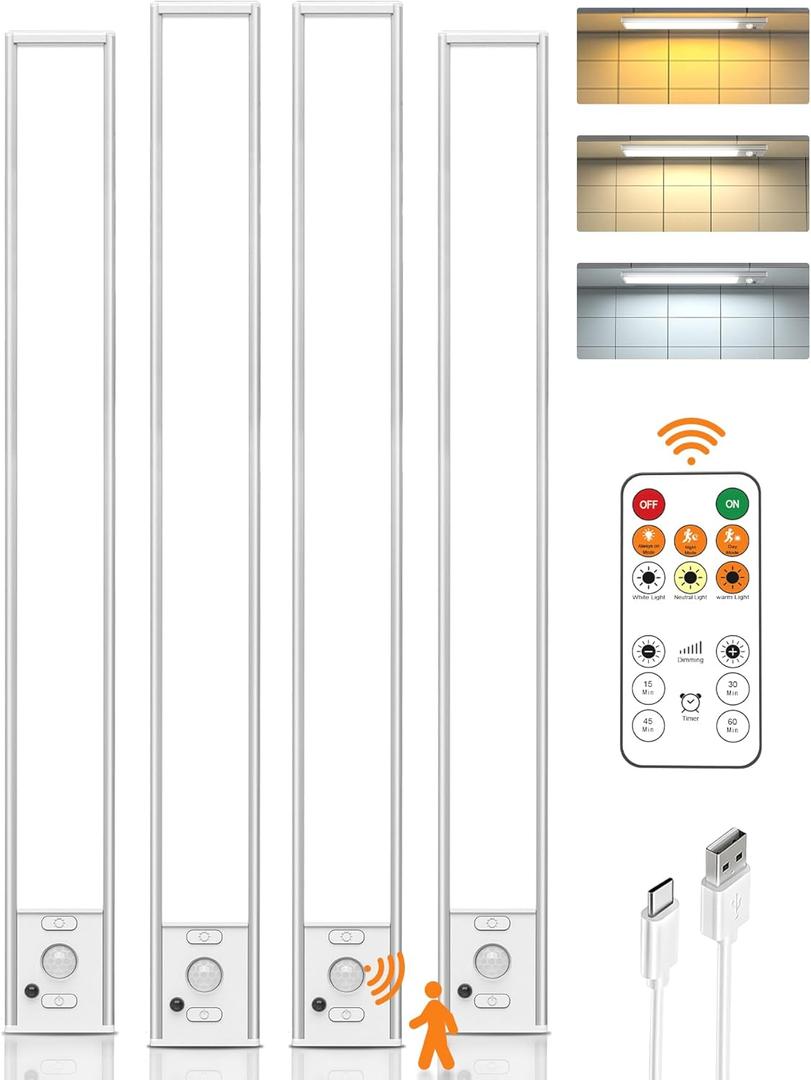 Under Cabinet Lights, 80 LED Motion Sensor Light Indoor,4000mAh USB Rechargeable Closet Light with Remote Control,3 Color Temps Wireless Under Counter Lights for Bedroom,Kitchen,Stairs,4 Pack (White-15.9 Inch)