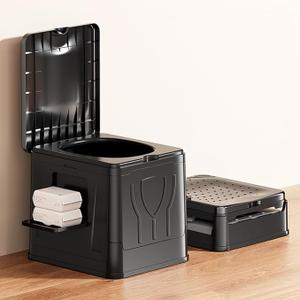 LeapLife Portable Foldable Camping Toilet for Home, Car, and Camping (Model B) Including 5 Heavy-duty Garbage Bags and 1 Foldable Organizer Bag Black