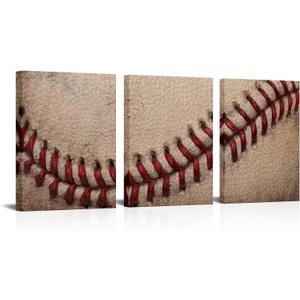 Artsbay Baseball Wall Art Set Close Up Details of Baseball Stitching Sports Modern Retro Rustic Artwork for Men Kids Teenagers Boys Bedroom Decor Home Club Decoration 12" Wx16 H x3PCS