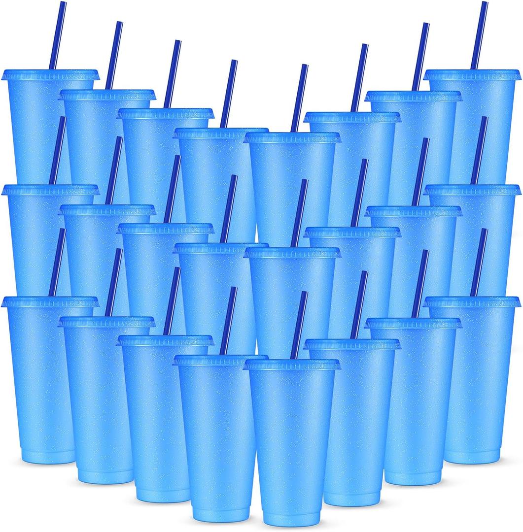 Amyhill 24 Pcs Reusable Cups with Lids and Straws 24 oz Glitter Iced Coffee Tumbler Plastic Travel Mug Cup for Smoothie Juices Birthday Sleepover Party Supplies for Girls(Blue)