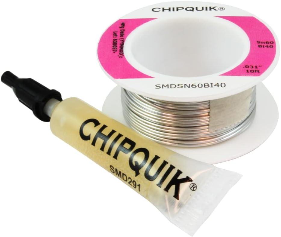 Chip Quik SMDSN60BI40 Tin/Bismuth Solder Wire (Sn60/Bi40) 0.031" diameter - 10 ft with 2cc of SMD291 flux