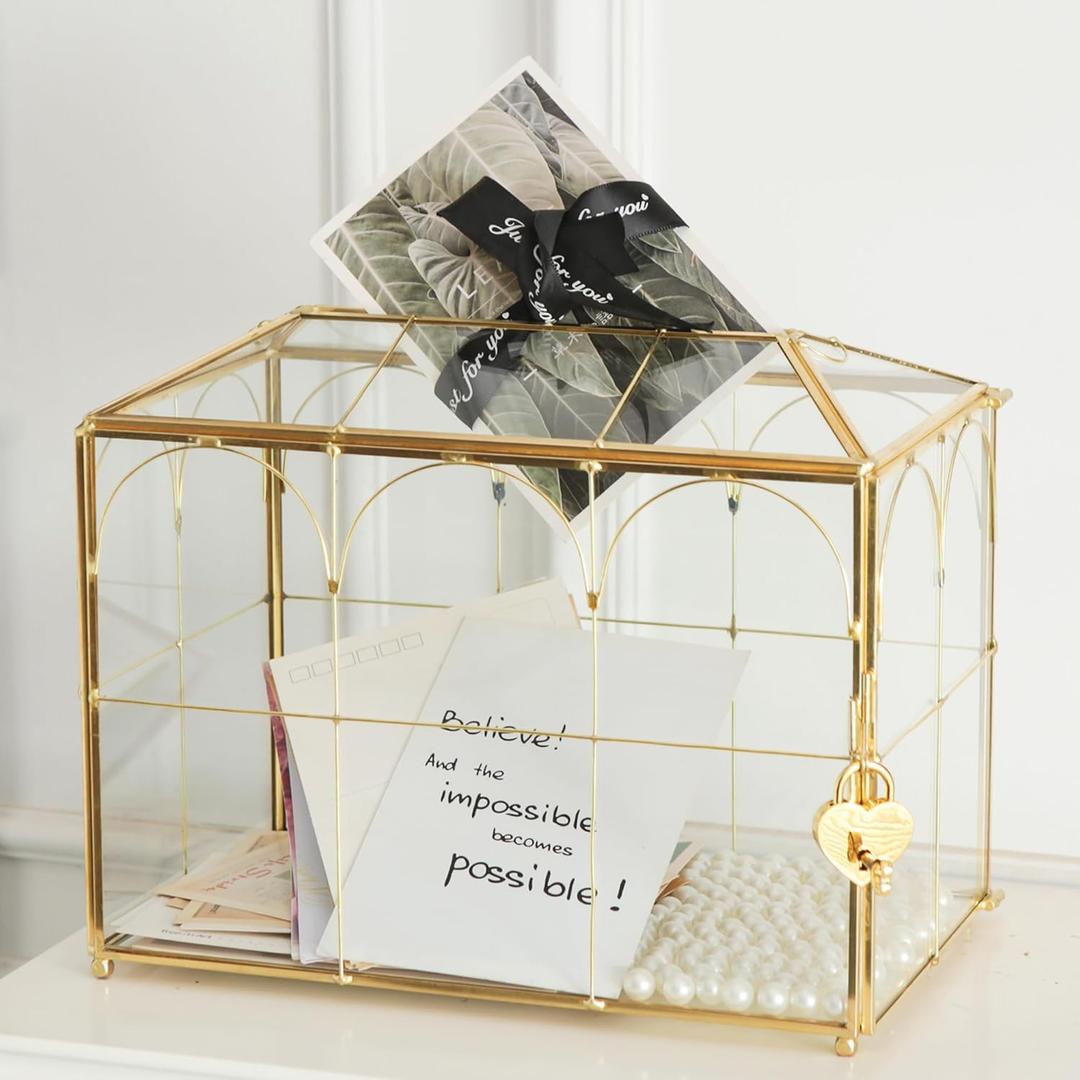 Giadun Glass Card Box with Slot, 10.2 inch Large Gold Clear Card Box for Wedding Receptions, Decorative Storage Box with Lock for Baby Shower, Birthday Party, Bridal Shower