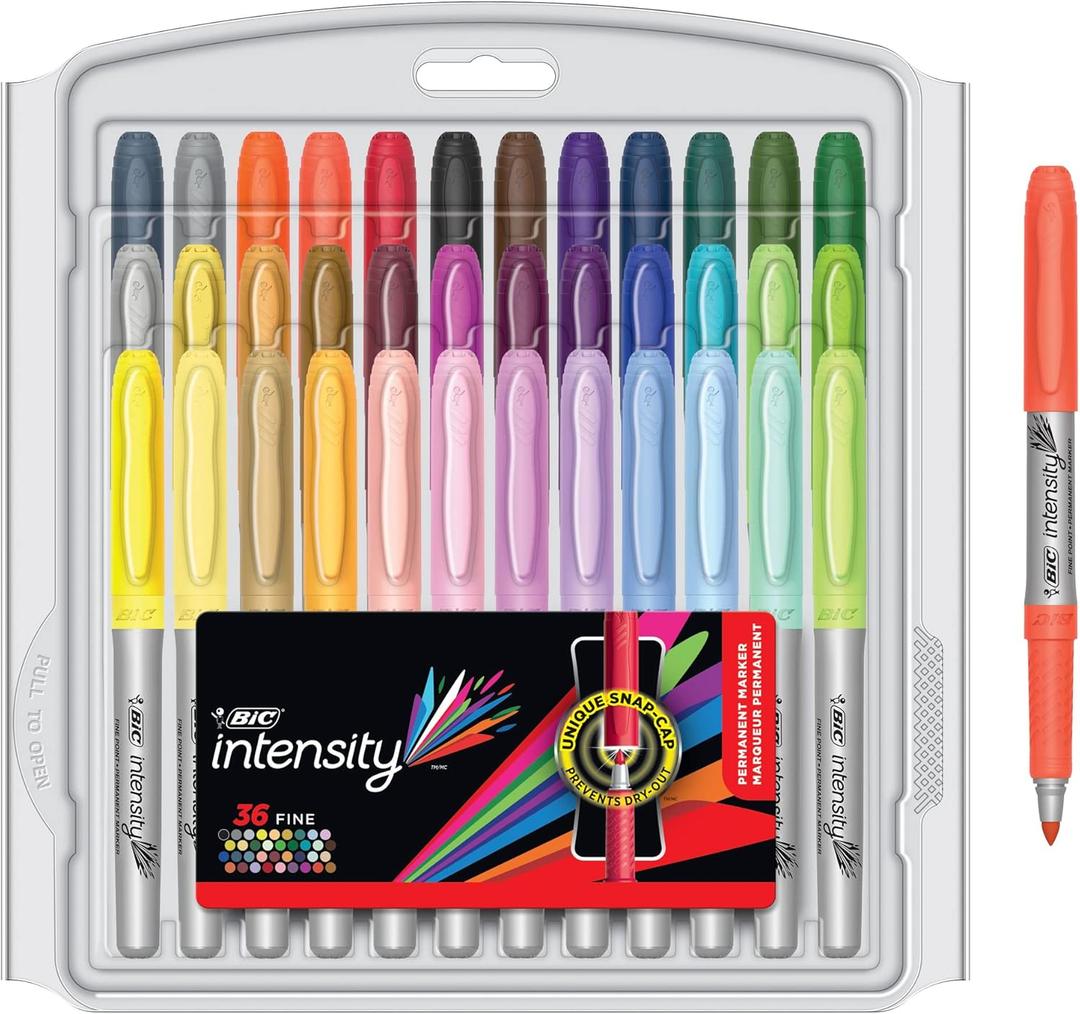 BIC Intensity Assorted Colors Fashion Permanent Markers, Fine Point, 36-Count Pack of Color Markers With Non-Slip Grip for Comfort and Control