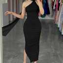 DAAWENXI Women's Sexy Sleeveless Ruched Slit Midi Dress Halter Mesh Bodycon Party Club Dresses