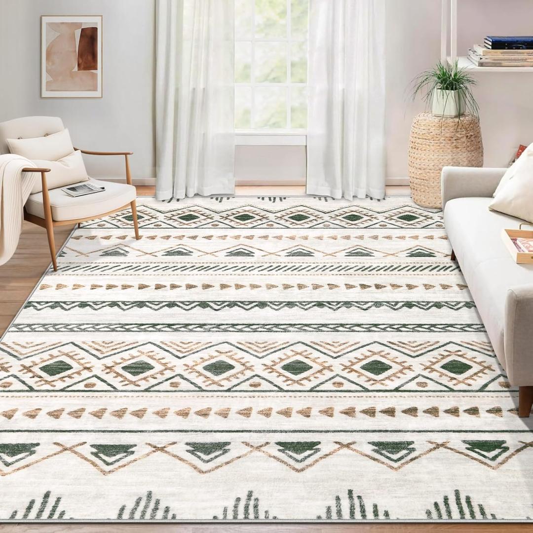 Area Rug for Living Room 6x9: Large Washable Boho Moroccan Rugs Geometric Neutral Rug, Non-Slip Foldable Morden Farmhouse Indoor Floor Carpet for Bedroom Dining Table Home(Brown Green,6'x9')