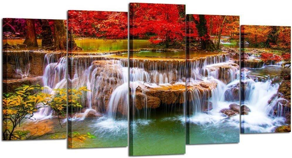KREATIVE ARTS Canvas Print for Living Room Decoration Stretched 5 Panels Green Dreamlike Waterfall Painting Wall Art Picture Print on Canvas- High Definition Modern Home Decor