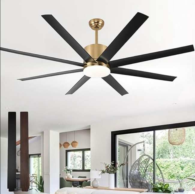 60 inch Ceiling Fan with Light, Large Ceiling Fan with Remote Outdoor Ceiling Fan Quiet DC Motor, 8 Blades, 6 Wind Speed, Dimmable and Quiet DC Motor for Bedroom Living Room- Black &Gold