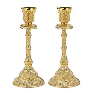OwnMy Set of 2 Taper Candle Holders Vintage Metal Pillar Candlestick Holders 7.4”, Elegant Brass Candle Stick Holders Decor Candelabra Set for Dining Table Centerpieces Wedding Home Decoration, Gold