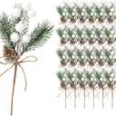 ALAGIRLS 24 PCS 8" Christmas Pine Picks, Artificial Pine Needles Branches with White Berry Stems, Small Fake Holly Berries Pinecones Branches for Crafts Christmas Tree DIY Garland Holiday Wreath
