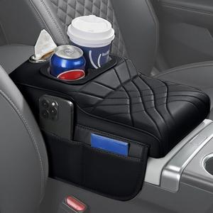 Upgraded Car Center Console Cover,PU Leather Car Armrest Cover Cushion Contains High Elasticity Sponge with 2 Storage Bags Tissue Box (Black-A)