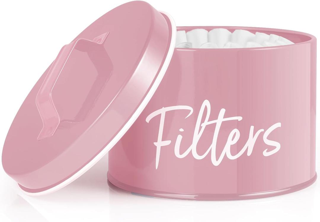 DRASTAR Coffee Filter Holder, Filter Storage with Lid for Counter, Storage Basket Container for Coffee Bar Accessories Decor, Pink