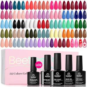 beetles Spring Gel Polish Set - Fingertip Palette, 32 Colors Polish Set with Base Top Coat Pink Red Blue Purple Brown Yellow Green Black White Uv LED Lamp Nails Gifts for Women
