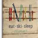PHAMTE Eat Sleep Ski Repeat Wall Art, Farmhouse Rustic Winter Holiday Sport Ski Sleighs Vintage Print Framed Canvas Painting Artwork Home Bedroom Living Room Skiing Teen Room Cabin Decor(11x14 Inch) (Multicolor)