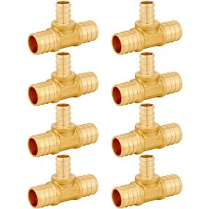 Uenede 8PCS LF Brass 3/4 to 1/2 to 3/4 Inch PEX Tee Reducer 3 Way Coupling Barb Crimp Pipe Tube Fitting