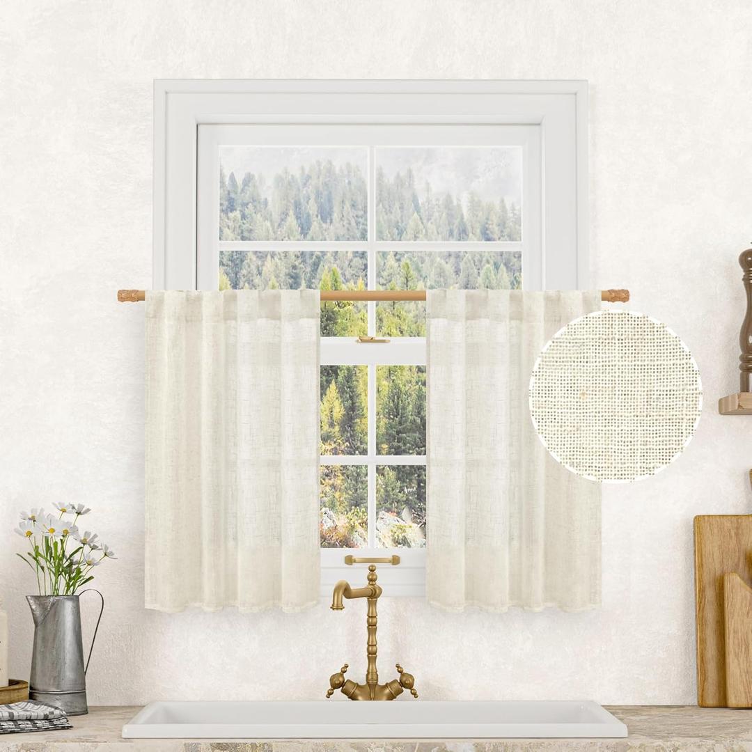 LAMIT Short Kitchen Linen Curtains 30 Inch Length for Small Windows, Cream Ivory Semi Sheer Light Filtering Panels Back Tab and Rod Pocket Cafe Drapes for Half Window, 2 Panels, 25 x 30 Inch