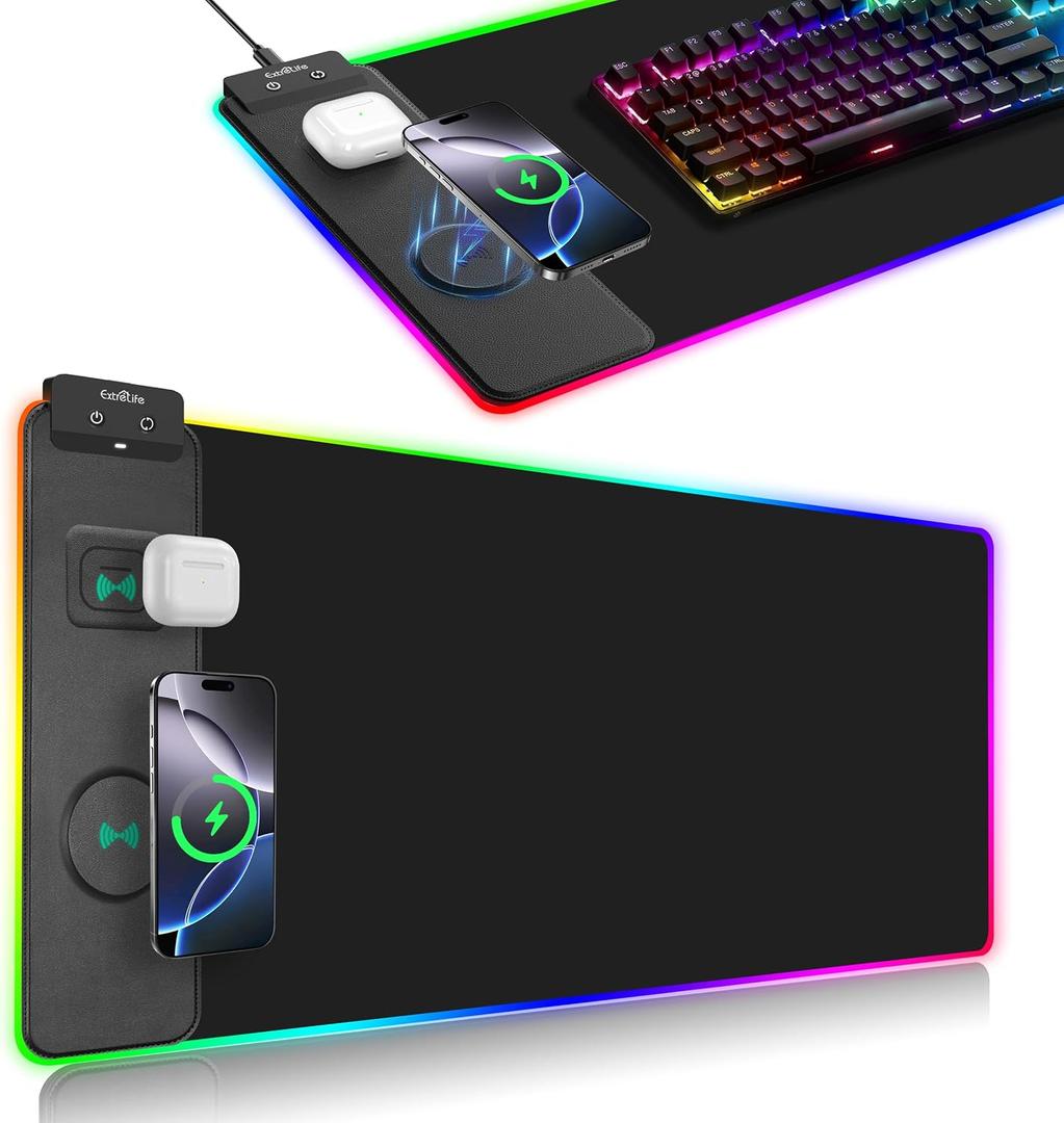 ExtreLife Wireless Charging Mouse Pad, RGB Gaming Mousepad, 31.5"x11.8" Extra Large Desk Mat, 13 Light Modes, Ultra-Smooth Surface, Non-Slip Base, Waterproof Computer Keyboard Pad for Laptop, Black