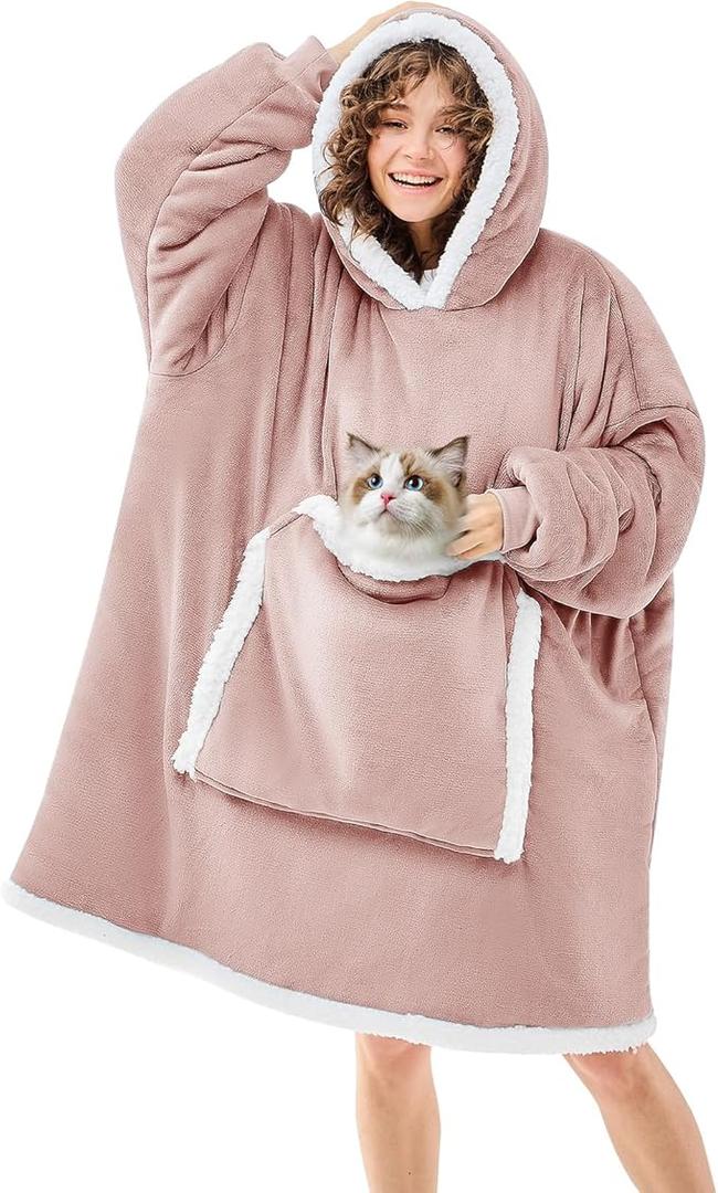 JOYWOO Pink Wearable Blanket Hoodie,Oversized Cat Lovers Sweatshirt Blanket for Adult,Birthday Gifts for Women,Mom,Girlfriend,Cozy Hooded Blanket with Giant Pocket and Winter Gifts,Dusty Pink Standard