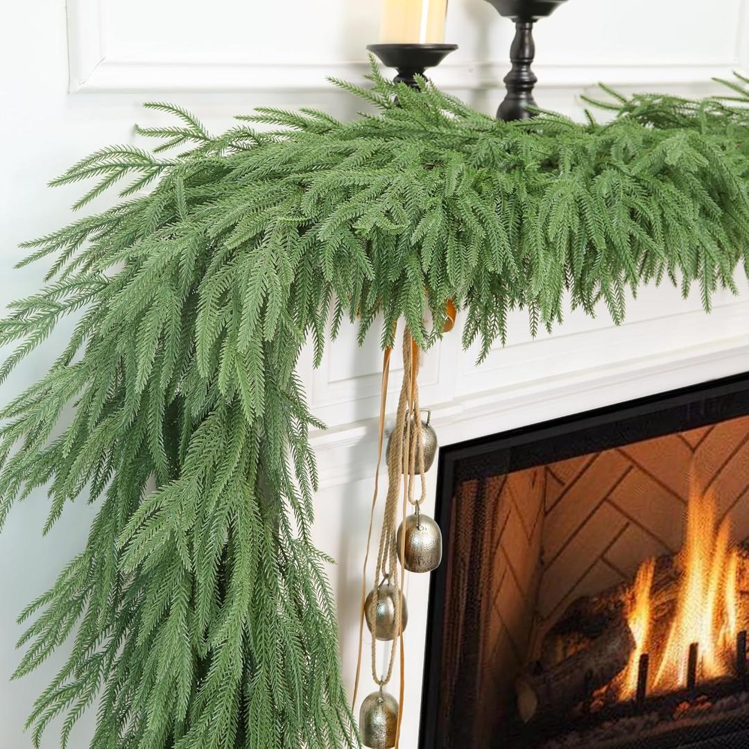 9 FT Real Touch Christmas Norfolk Pine Garland, Lusher Realistic Artificial Pine Needles Garlands Faux Greenery Christmas Garland for Holiday Mantle, Tabletop, Window, Stairs Decor