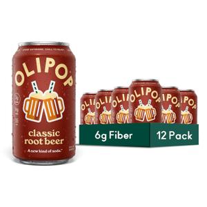 OLIPOP Prebiotic Soda Pop, Classic Root Beer, Pantry Pack Packed with Prebiotics, Fiber, and Botanicals, Gluten Free, GMO Free, 12oz (12-Cans) (EXP 10/01/27)